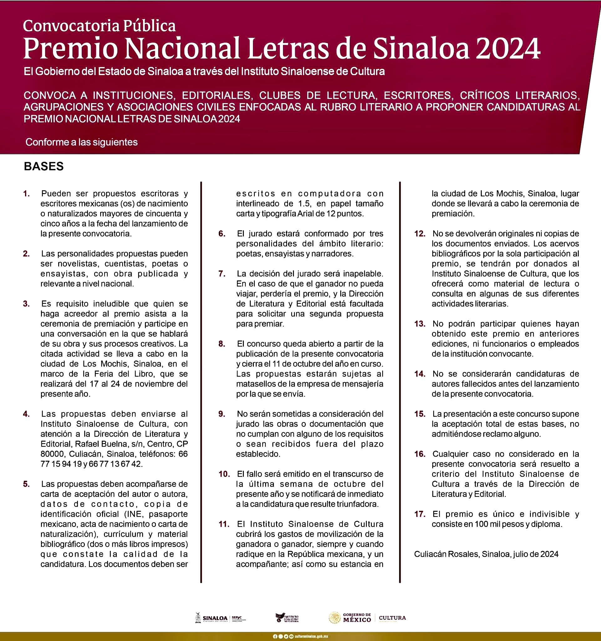 Lee más sobre el artículo Premio Nacional Letras Sinaloa 2024